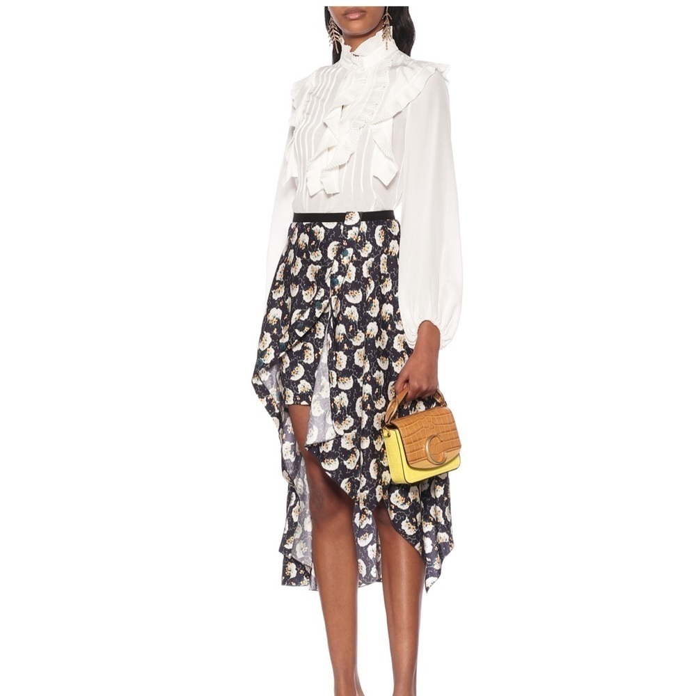 Chloe Silk Floral Asymmetrical Ruffle Parisian Chic Button Front Skirt Size 0